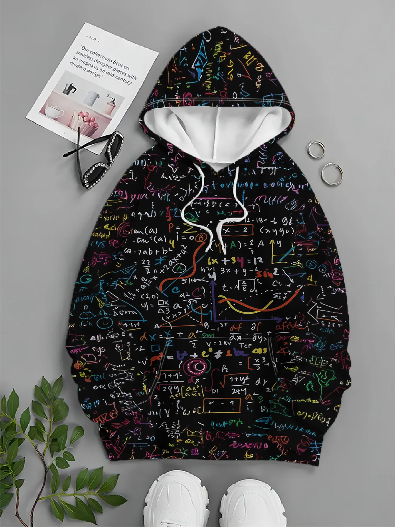 Men Colorful Math Formula Chalkboard Print Hoodie Drawstring Pocket Long Sleeve Casual Pullover Sweatshirt