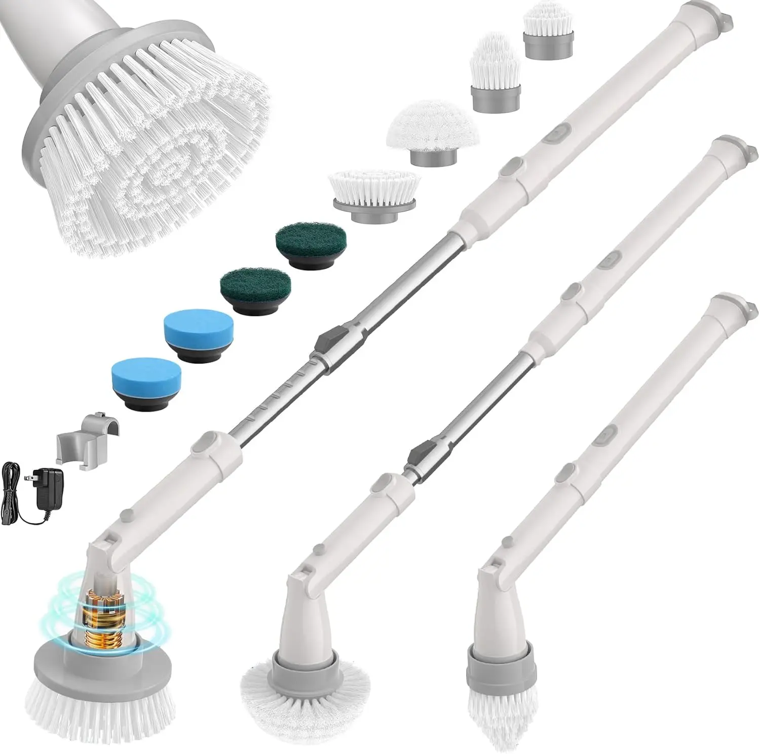 

Electric Spin Scrubber with Long Handle, 2 Speeds, 8 Heads for Bathroom, Floor & Tile Cleaning