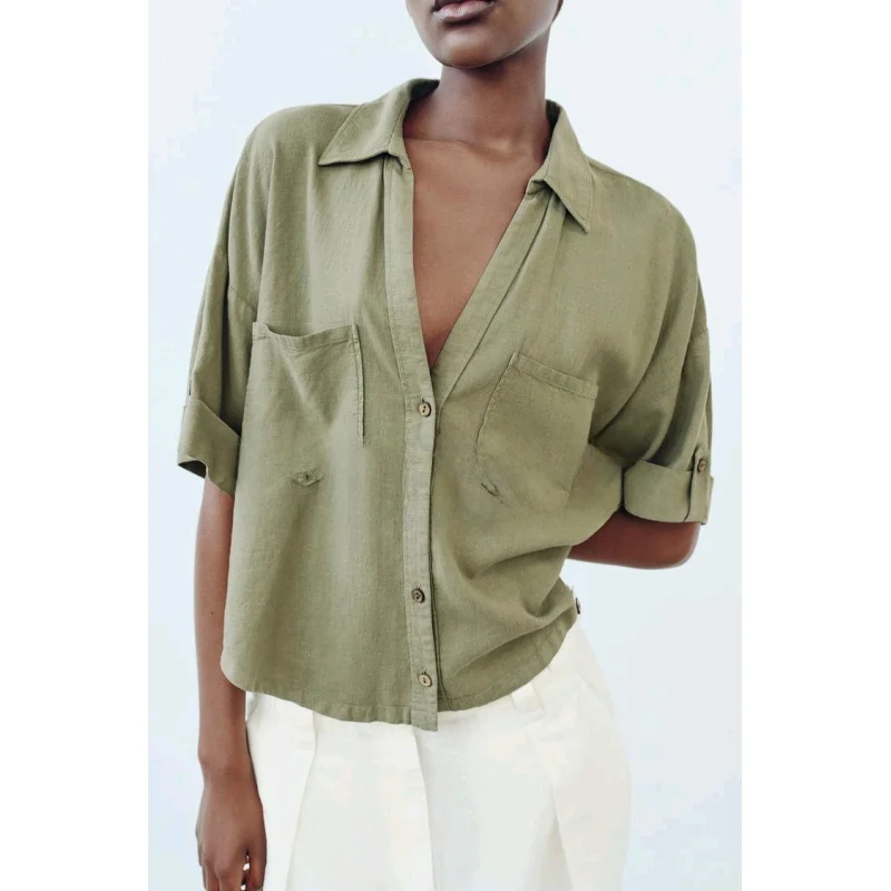 

Spring Summer New Women's Casual Collar ort Sve Linen Blend irt Regular Length Polyester Fiber 00% White irt