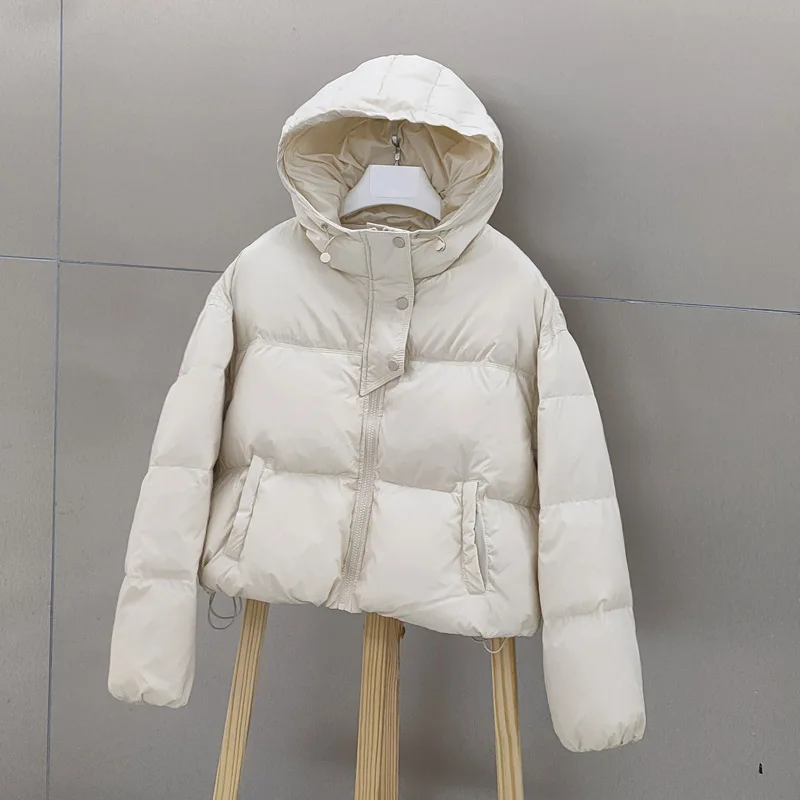 Winter new down jacket women\'s short hooded puffer bread jacket thickened white duck down European fashion versatile jacket tren