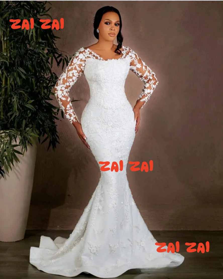 Vestido De Novia personalizado con apliques De encaje y cuentas para Novia, Vestidos De Novia De manga larga con tren desmontable, Vestidos De Novia De talla grande