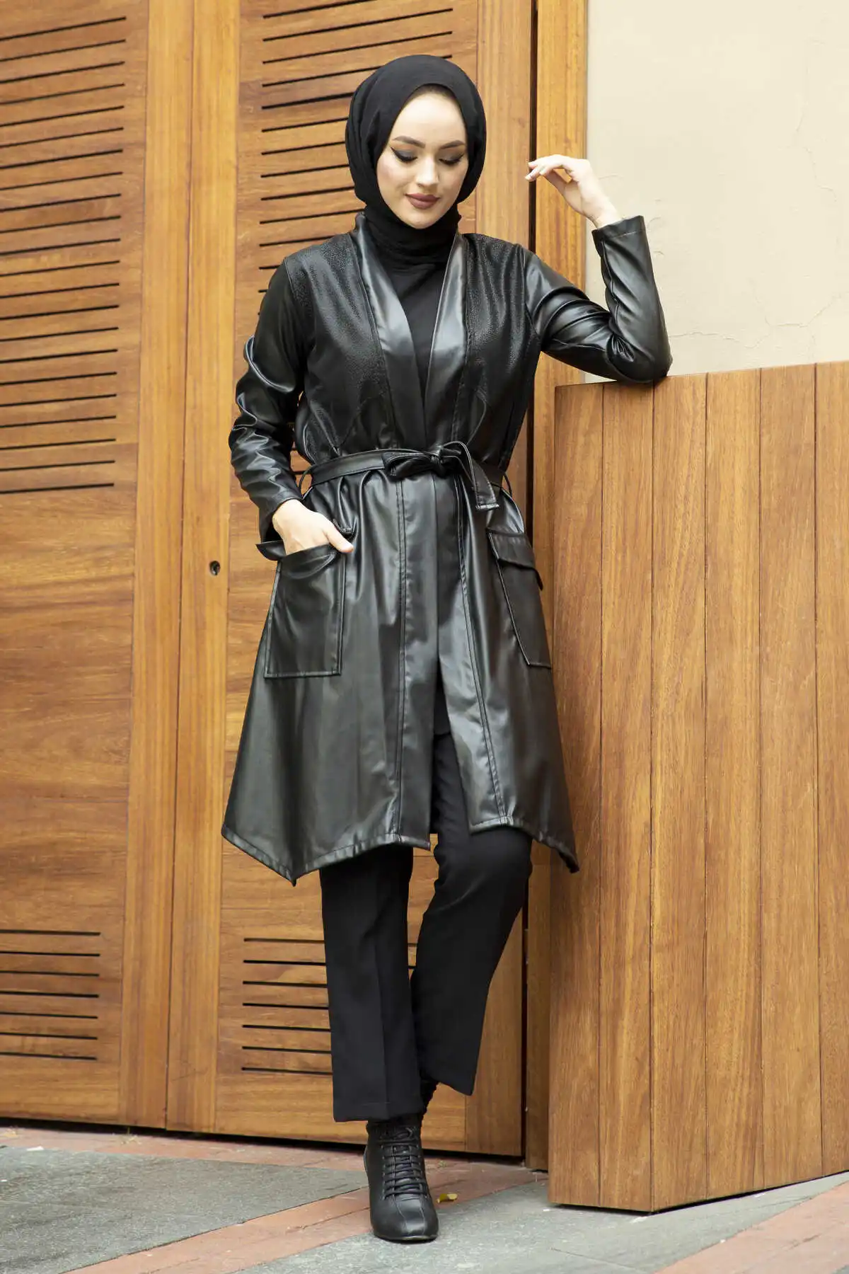 Waist Belted Leather Jacket Black