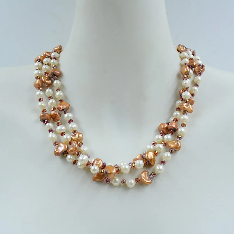 3 strands  natural white freshwater pearls. Brown regenerated pearl crystal necklace. Classic Women Party Jewelry  19”