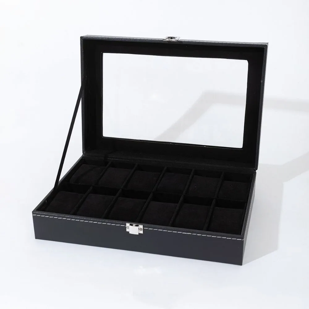 PU Watch Storage Box 12 Slots With Glass Lid Watch Box Organizer Multi-functional Multi-Compartment Watch Display Case storage