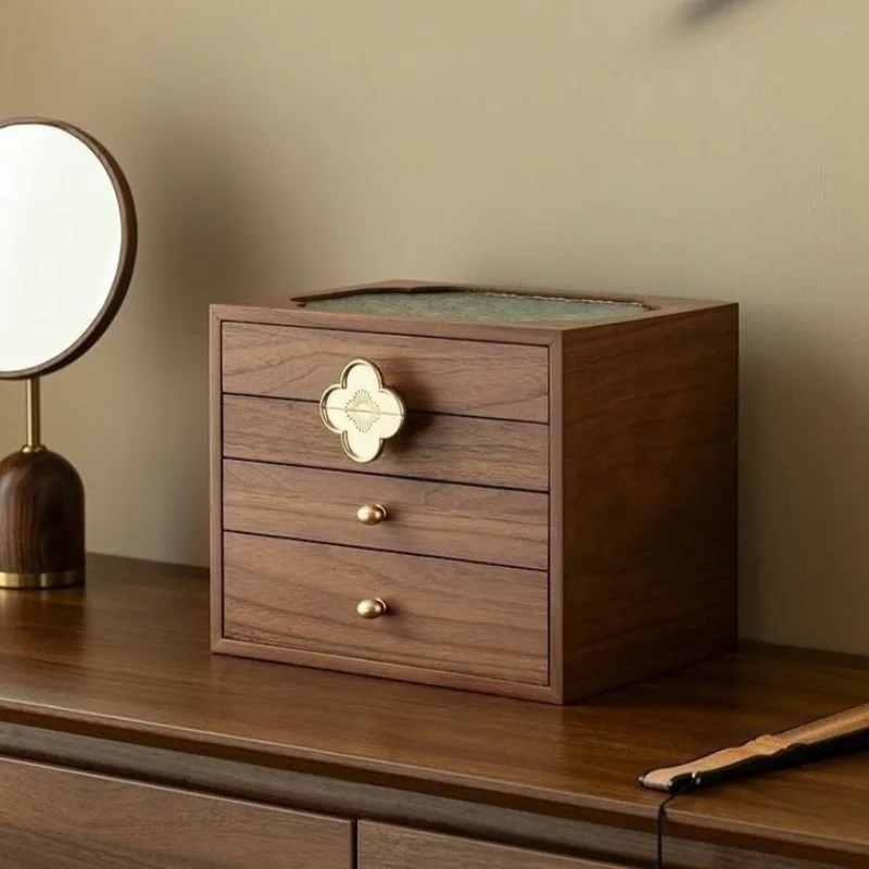 Luxury Wooden Jewelry Box with Drawer Crabapple Blossom Pattern Necklace Storage Case Large Capacity Ring Box Earring Container