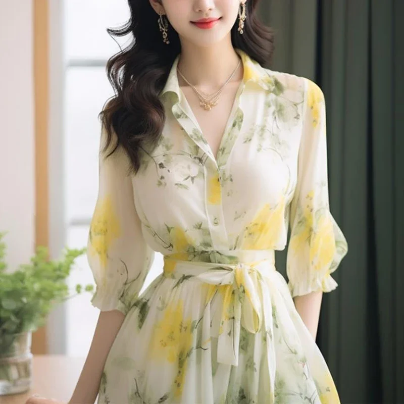

Summer Elegant Fashion Sweet Floral Printed Vestido Female Half Sleeve Casual Lace Up Robe Women Polo-neck Vintage Chiffon Dress