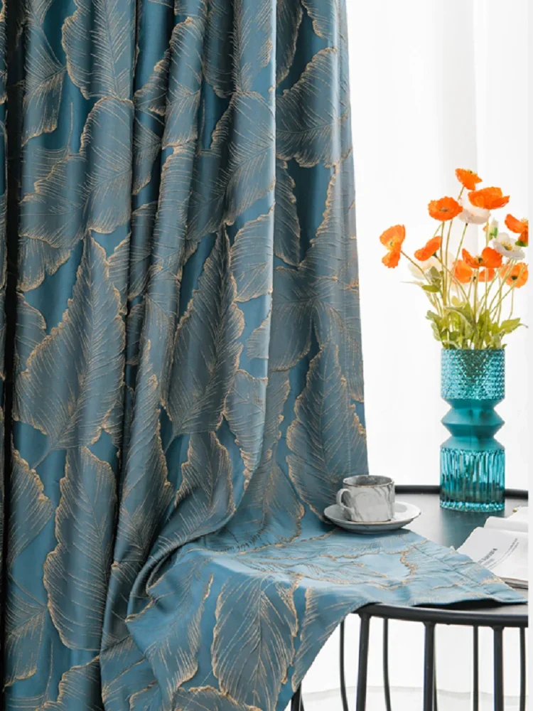 New Blue Embossed Curtains for Living Room Bedroom Three-dimensional Gold Luster Leaf Modern Luxury Satin Curtain Customize