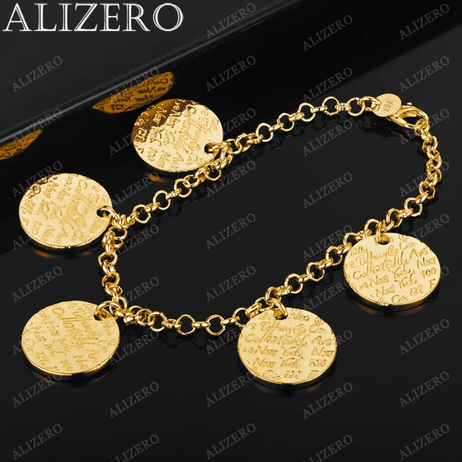 

ALIZERO 18K Gold Round Cards Charms Bracelets For Women Fine Jewelry Wedding Banquet Party Gift Fashion Personality Bracelet