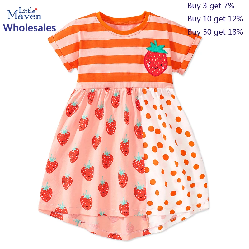 Little maven Wholesale 2024 Summer Cartoon strawberry Dress Baby Girls Cotton Casual Clothes Soft for Infant Kids 2 to 7 years