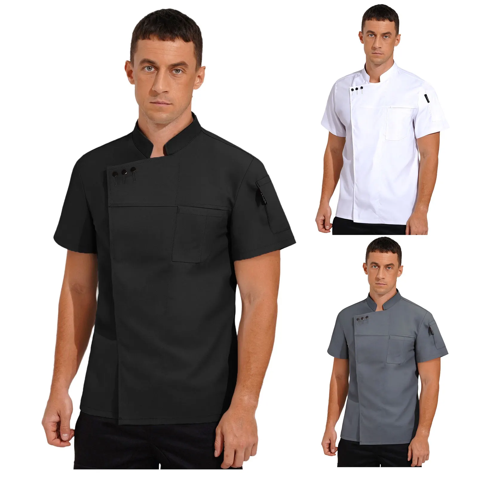 Manteau de Chef pour hommes et femmes, uniforme de cuisine, veste col montant, manches courtes, chemise à boutons-pression pour Restaurant, hôtel, café, boulangerie