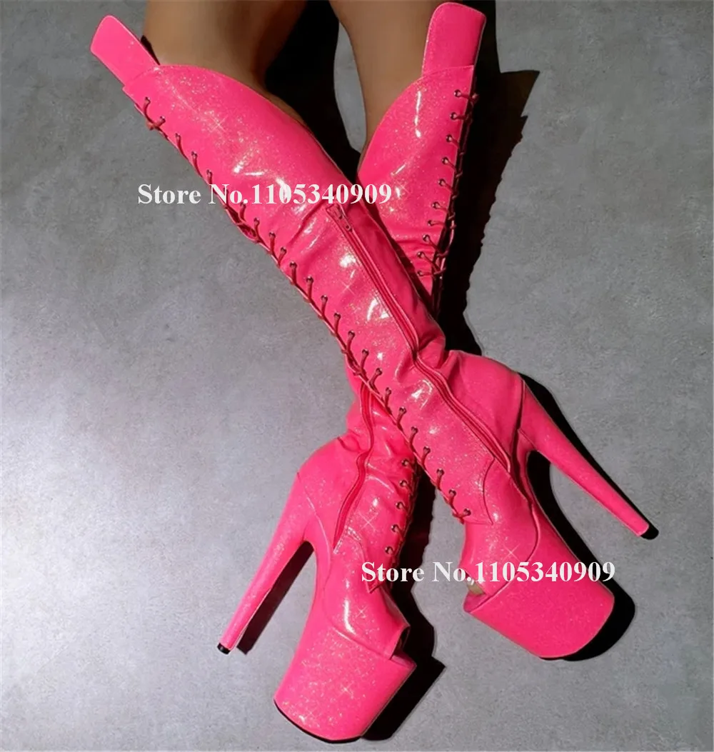 

Bondarenko Fluorescent Pink Over Knee Stiletto Heel Boots Sexy Peep Toe Lace-up High Platform Thin Heel Long Dance Shoes