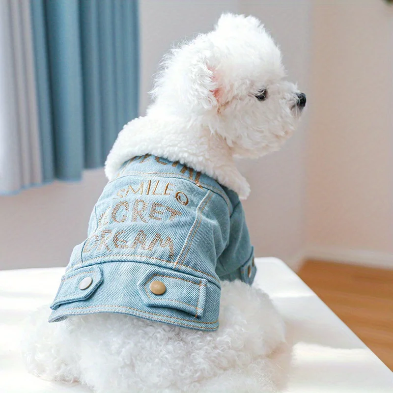 1pc Personalized Letter Embroidered Denim Coat - Durable, Stylish, and Warm Dog Jacket for Autumn and Winter - Perfect Cold Weat