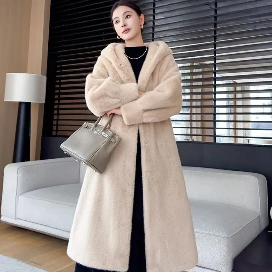 High End Fashion Hooded Long Fur Jacket For Women Winter Thicken Warm Imitation Mink Fur Overcoat Female Loose Faux Fur Coat