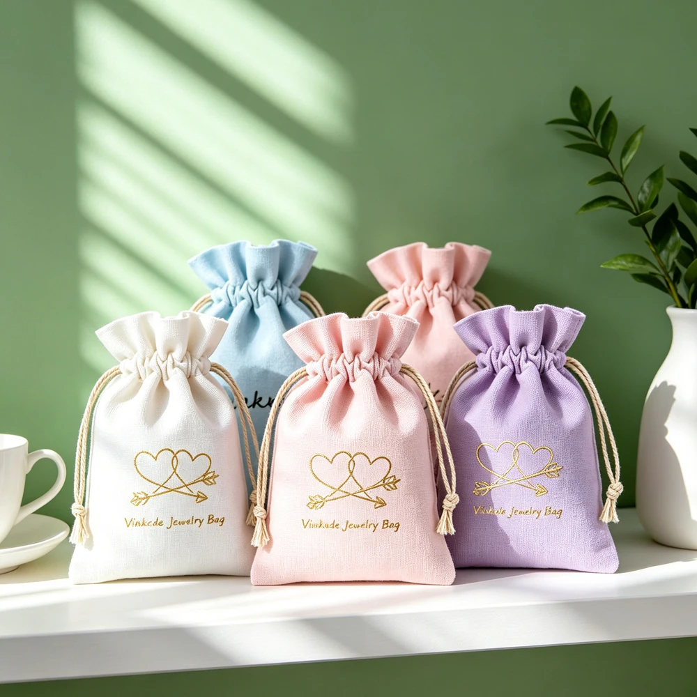 50Pcs Reusable Custom Cotton Drawstring Bags for Jewelry Custom Logo Muslin Canvas Earrings Rings Brooch Key Gift Packaging Bag