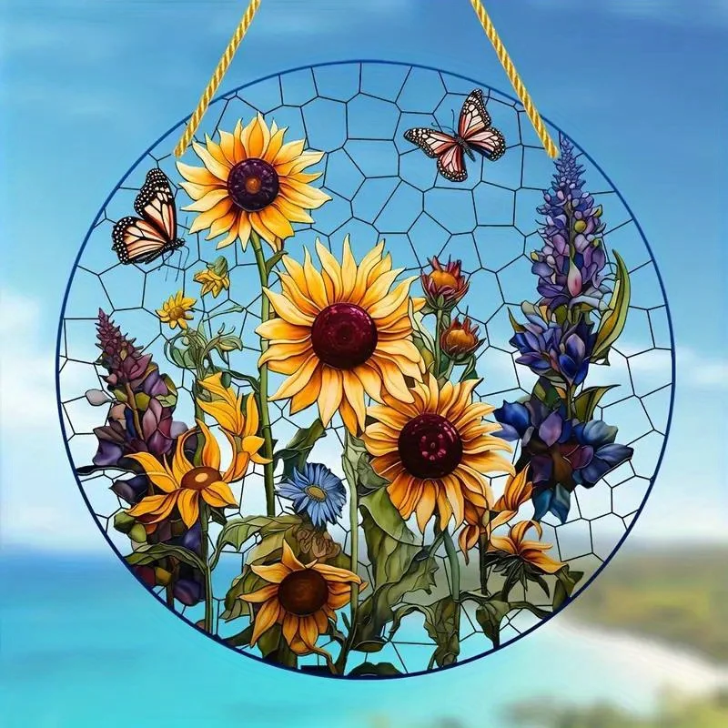 Vibrant Purple Butterfly Suncatcher - Stained Glass-Inspired Window Hanging, Durable Acrylic Round Sign Winter and Holiday Decor