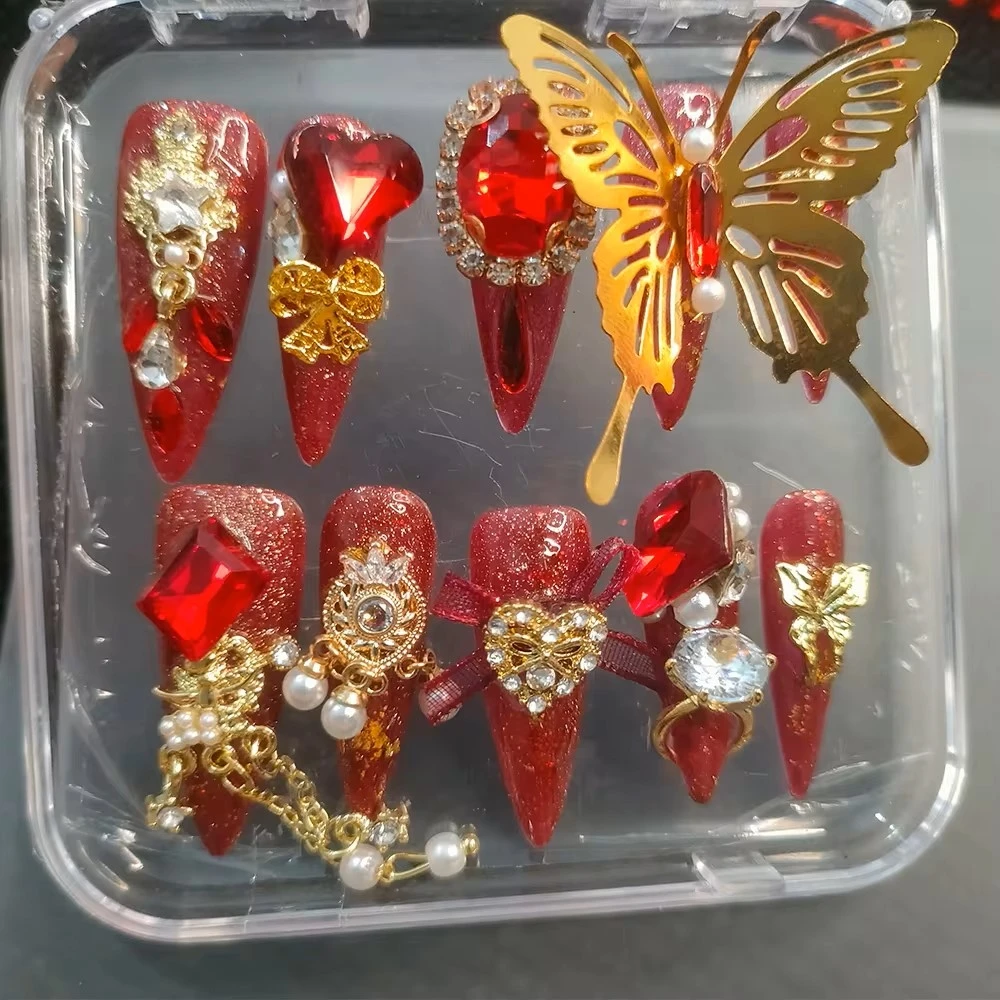 10Pcs High Quality Handmade Press on Nails Heavy Industry's Joyful Palace Style Bridal Chinese Style Luxury Niche Spicy Girl