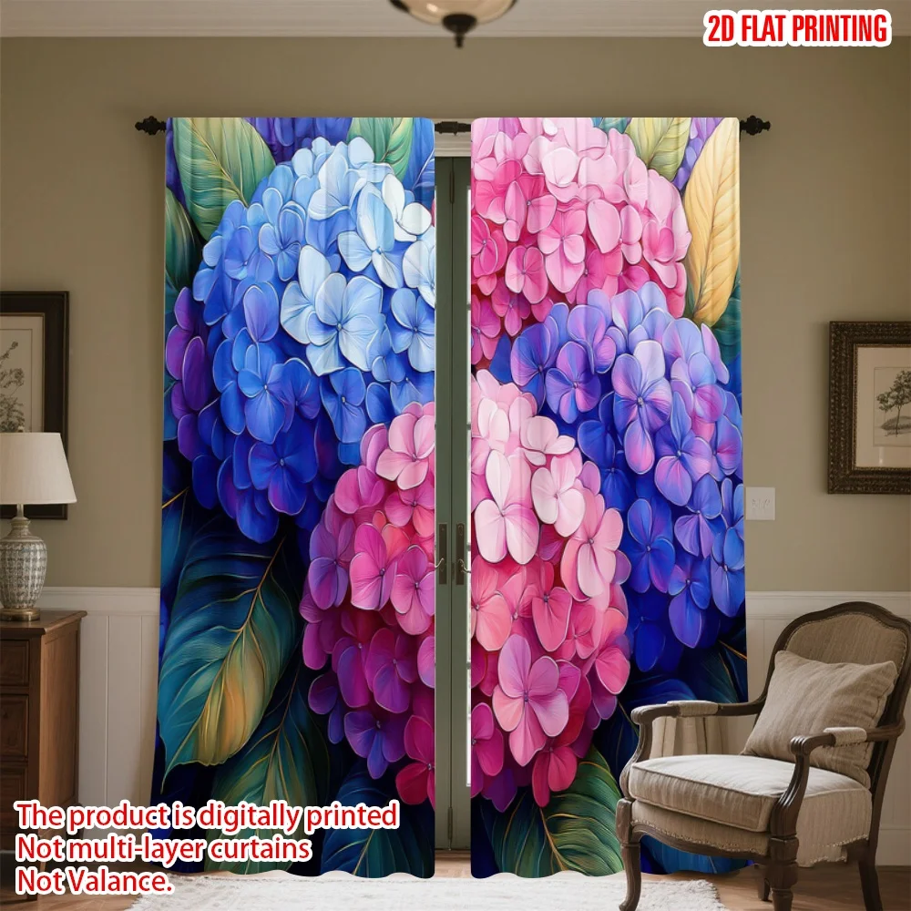 

2D flat printing 2pcs Curtains Colorful Hydrangea Blooms Digital Printed Polyester Drapes Festive Holiday Use for Holiday