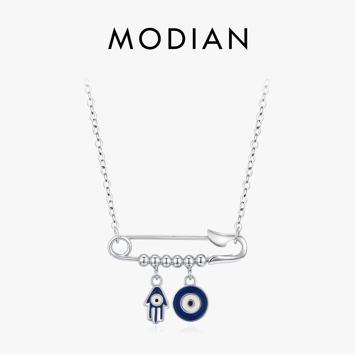 

MODIAN 925 Sterling Silver Blue Enamel Eyes & Palm Charms Pendant Necklace Pin Beads Link Chian Necklaces For Women Jewelry Gift