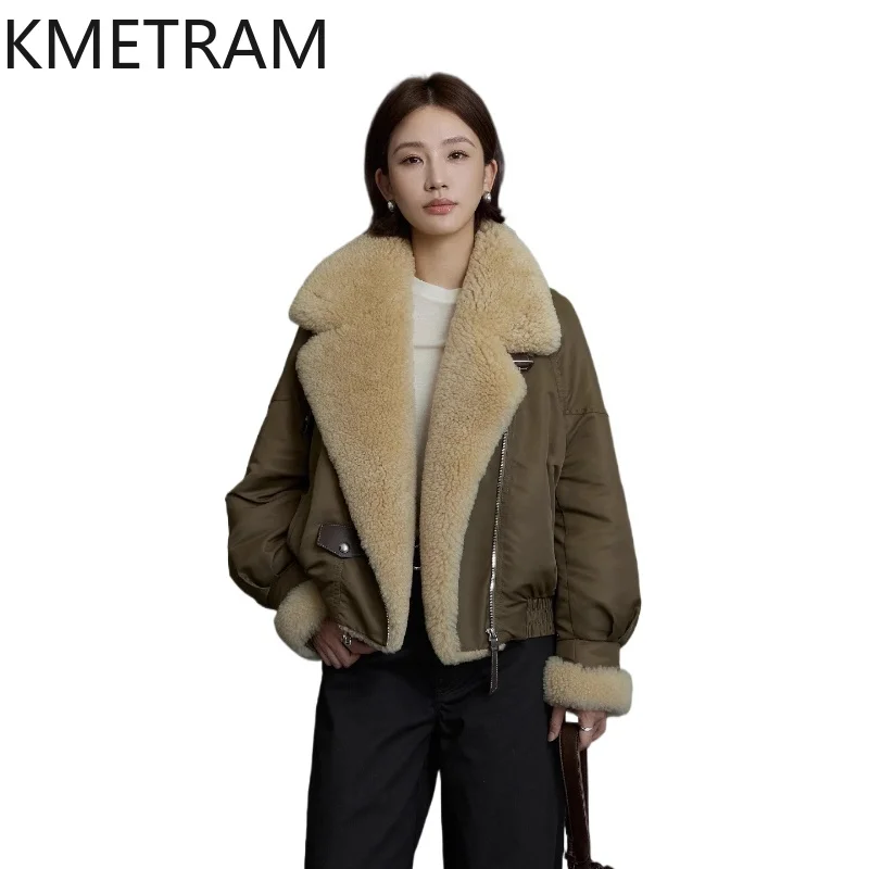 

KMETRAM White Goose Down Fur Jacket Woman Wool Collar Winter Coats Women Clothing Army Green Short Puffer Jackets 2025 шуба