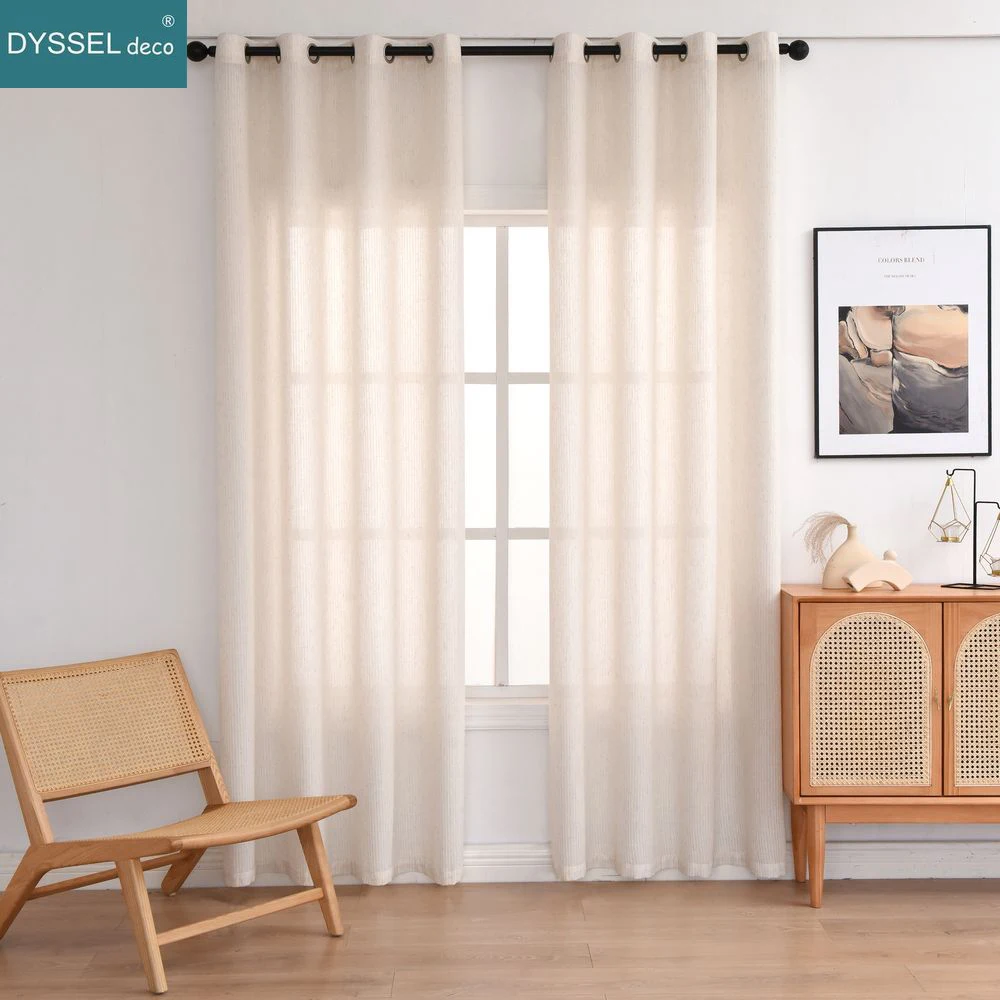 Beige White Modern Linen Striped Sheer European Style Window Curtains with Rod Pocket Grommet for Living Room Bedroom Decor