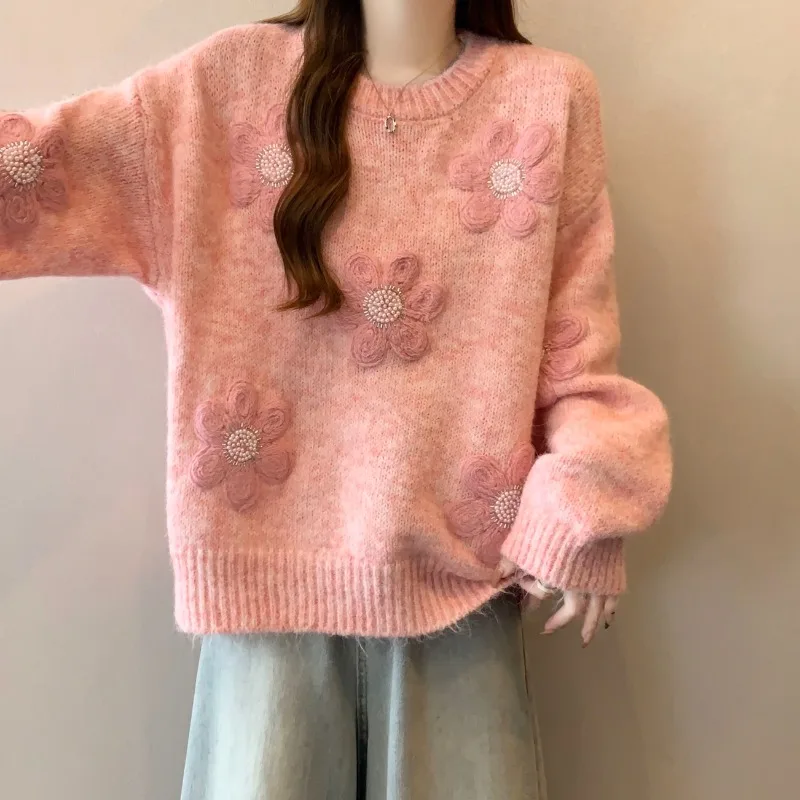 

Women's Spring Autumn Sweet Floral Pink Sweater Pullovers 2025 New Lady O-Neck Long Sleeve Knitting Tops Fashion Knitwear Female