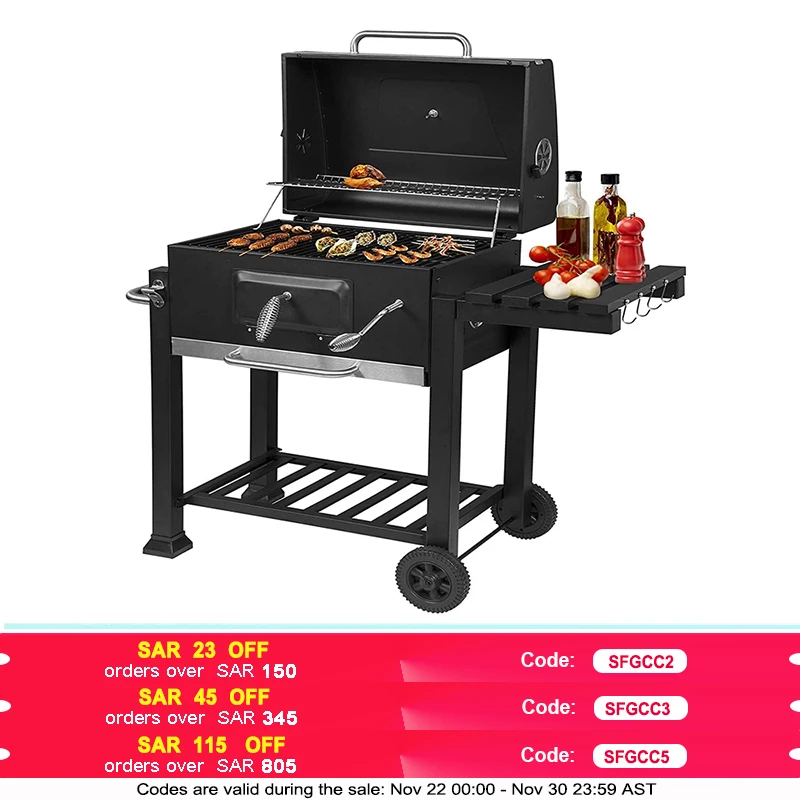 Charcoal Grill Portable Grill Trolley with Wheels, Bottle Opener Spice Holder and Shelf Barbecue Grill for BBQ Picnic Patio Cook