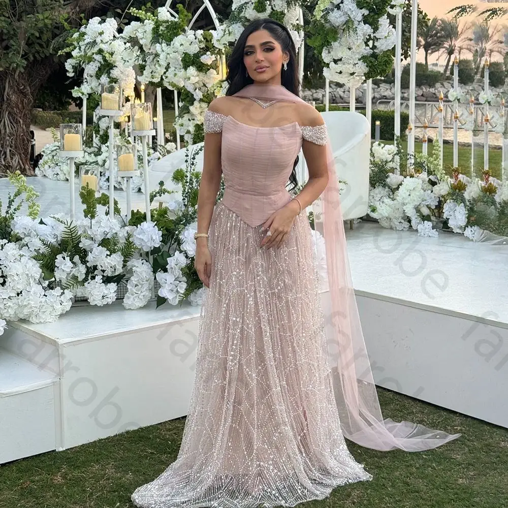 

Fashion Elegant Pink Off Shoulder A-Line Evening Dresses Luxury Pearls Beaded Dress High Quality sexy Prom Party Gown Customized