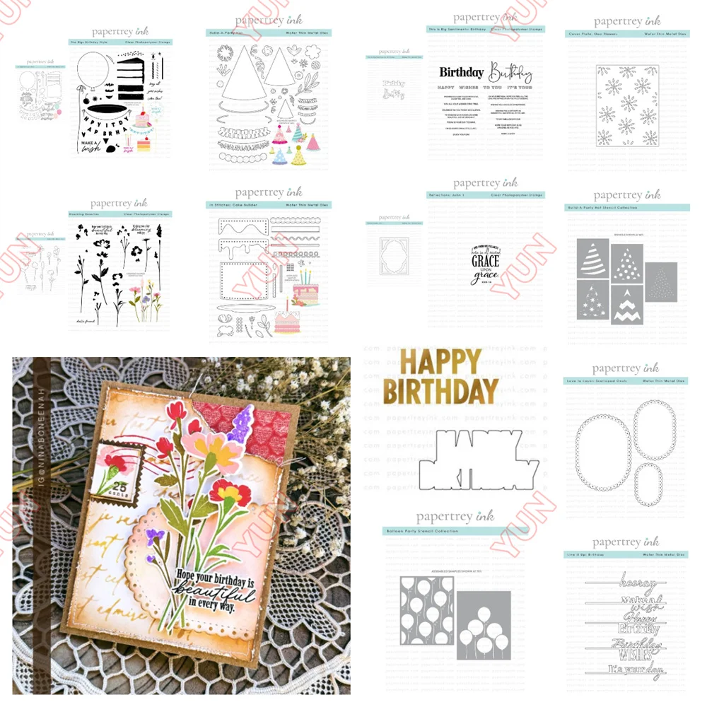 

2025 New Dies and Stamps Happy Birthday Style Hat Cake Balloon Stencils Sentiments Stamp Flower Die DIY Scrapbooking Diary Album