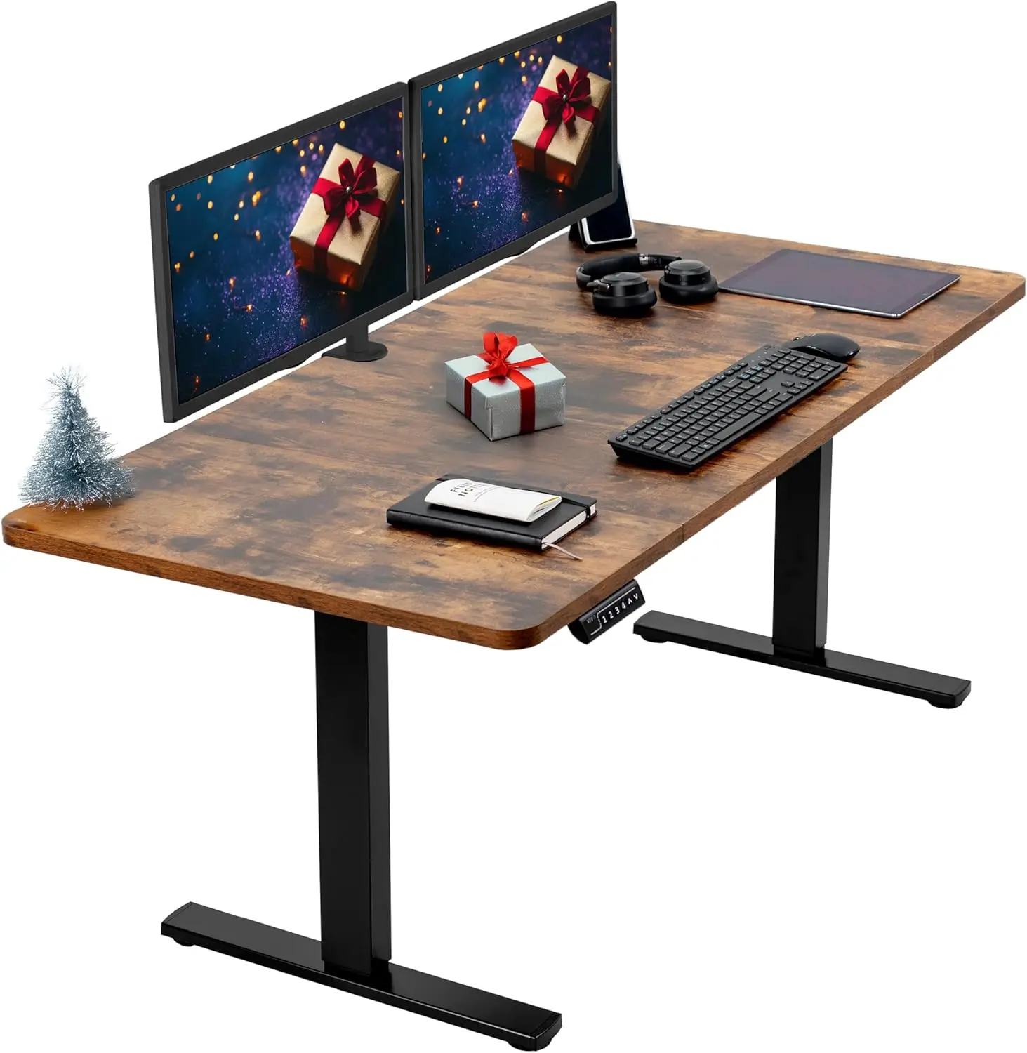 60 x 30 inch upright desk, desktop workstation, storage controller height adjustment, retro brown top black frame