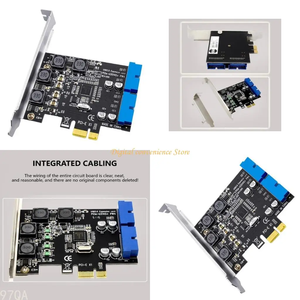 

97QA 4 Port PCIE to USB Expansion Card Low Profile Bracket USB Hub Controller Adapter with 0.6m Extension Cable for PC