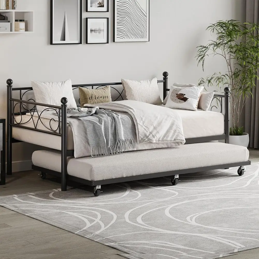 Twin Size Metal Daybed with Trundle, Pull-Out Bed, Heavy Duty Steel Slats, Suitable for Living or Guest Rooms, Black