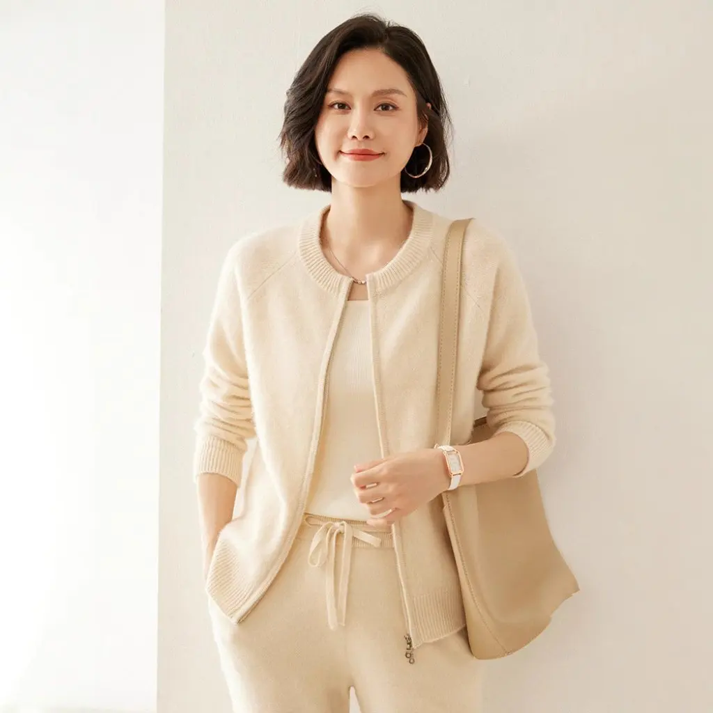 

Cashmere Cardigan Women's round Neck Thick Casual Double Zipper Long Sleeve Sweater Coat for Autumn Winter Base Layer