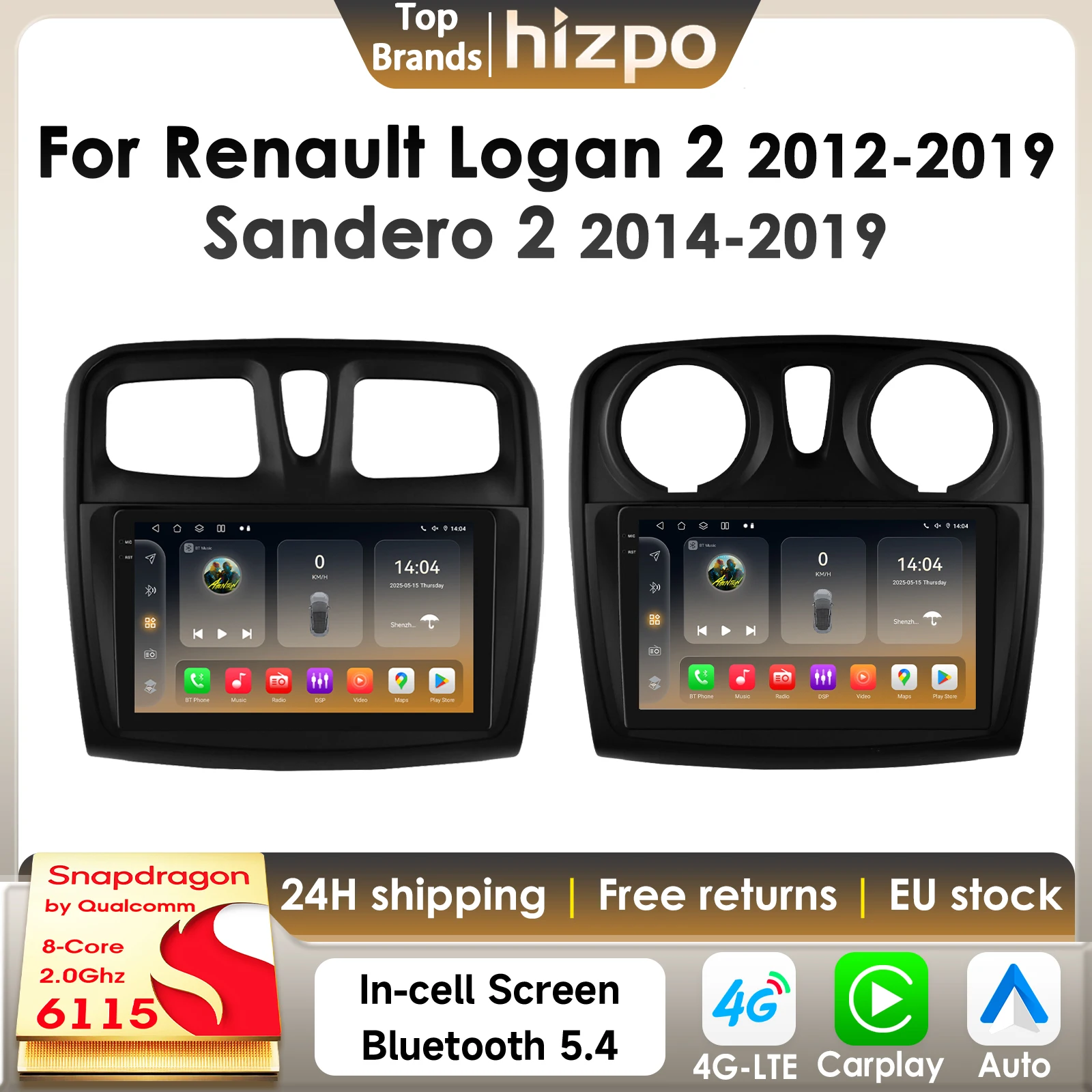 Hizpo 2Din Android14 Autoradio für Renault Logan 2 2012–2019 Sandero 2 2014–2019 Auto-Multimedia-GPS 4G Carplay von Snapdragon 6115