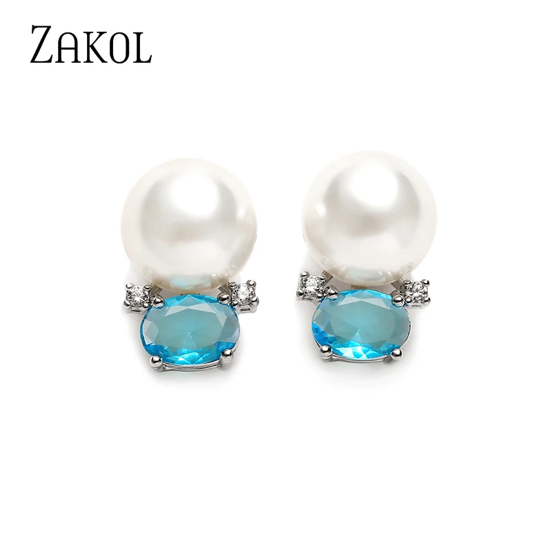 ZAKOL Cute Blue Oval Cubic Zirconia Stud Earrings for Women Small Imitation Pearl Earring 2023 New INS Party Jewelry