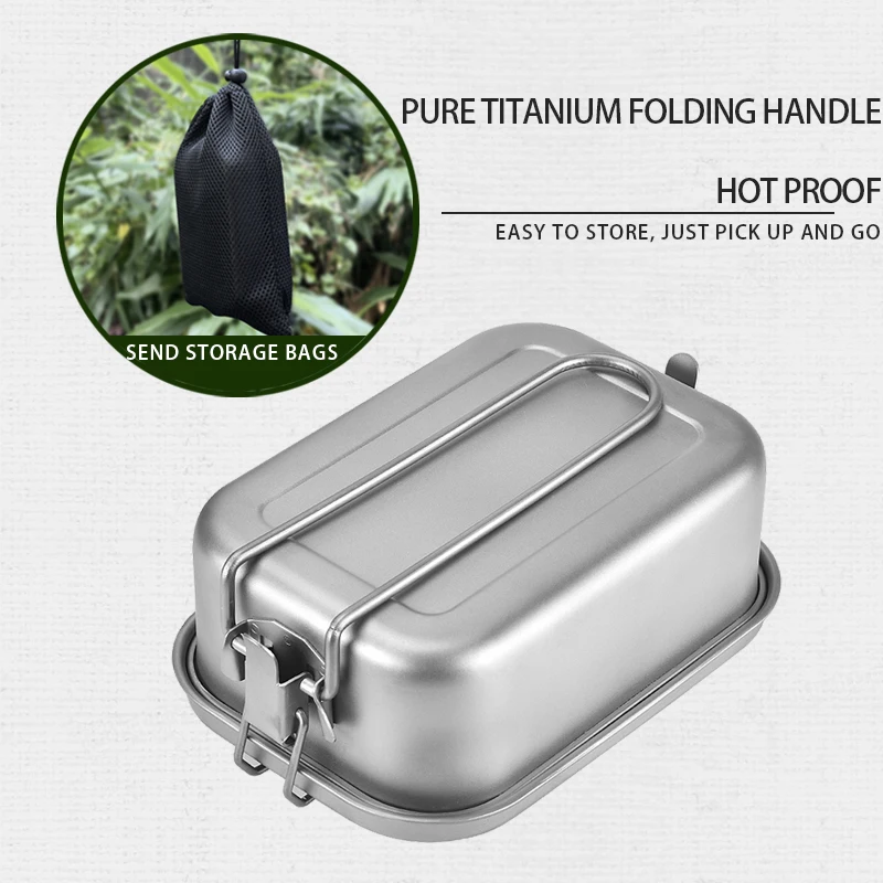 750ml outdoor pure titanium lunch box Portable folding handle lunch box Picnic camping sealed ultra-light insulated lunch box