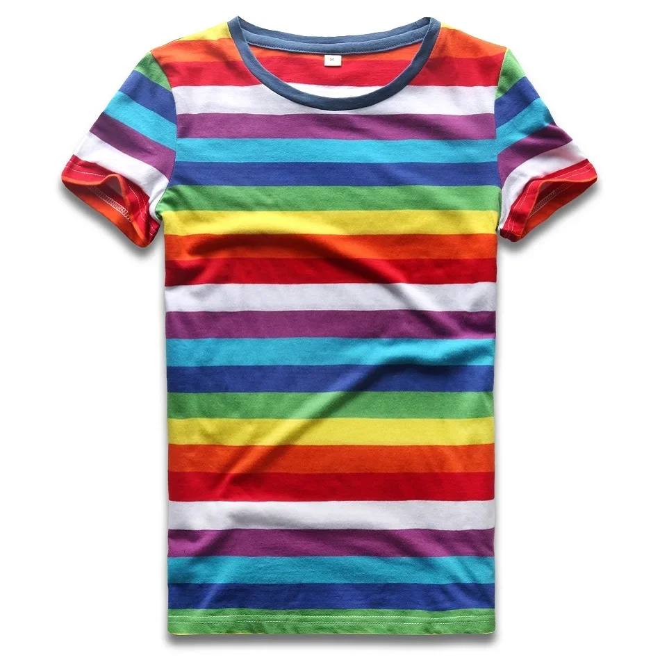 Rainbow Top Tees for Women Colorful Stripe T Shirt Crew Neck Tshirts Woman Short Sleeve Striped Top