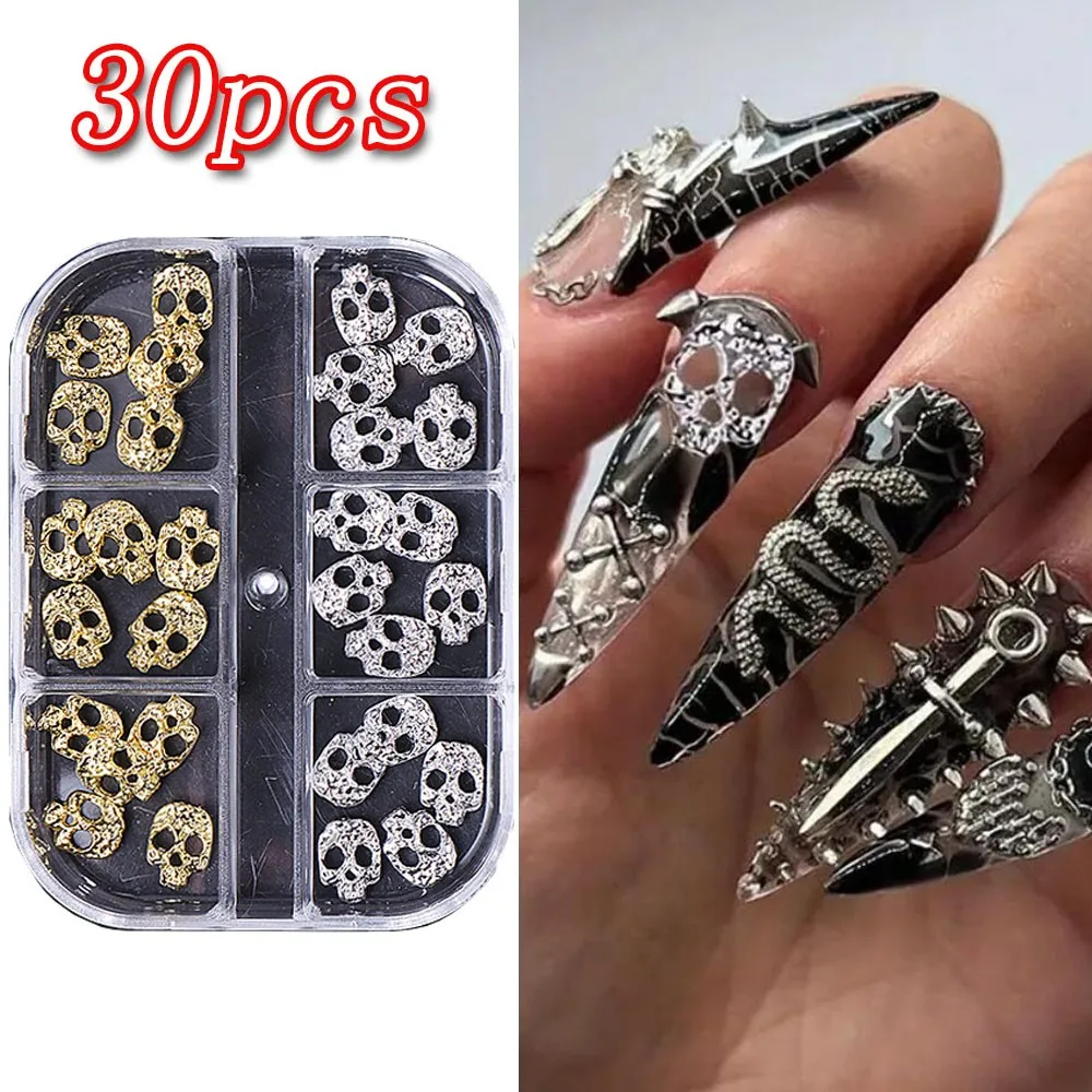 30개 할로윈 해골 펑크 고딕 합금 네일 참 골드 & 실버 스켈레톤 뼈 머리 네일 아트 장식 할로윈 네일 쥬얼리