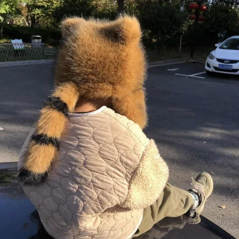 Super Cute Imitation Fur Raccoon Family Cap Net Red Thick and Fluffy Warm Ear Protection Hat Tide Adult Furry Hat for Children