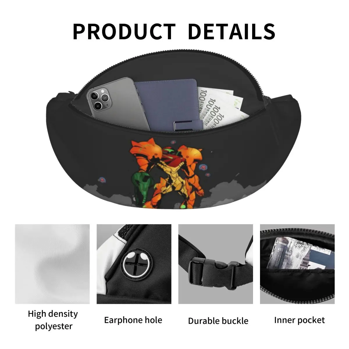 Metroid Samus Aran Prime Hunter Waist Bag for Women Men Crossbody Fanny Pack Running Phone Money Pouch view 3