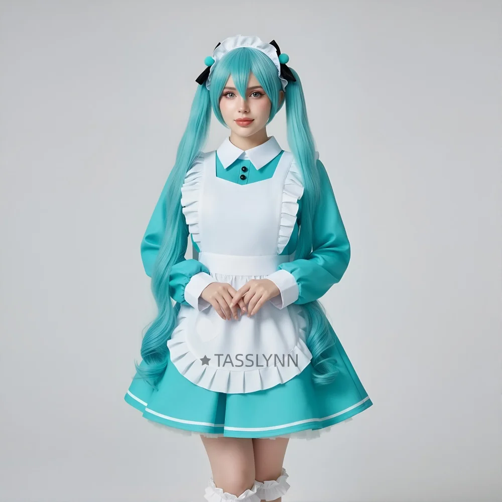 

Anime Mikuu Maid Costume Set Long Sleeve Blue Dress with White Apron, Headband & Bow Accessories Maid Cosplay Costume