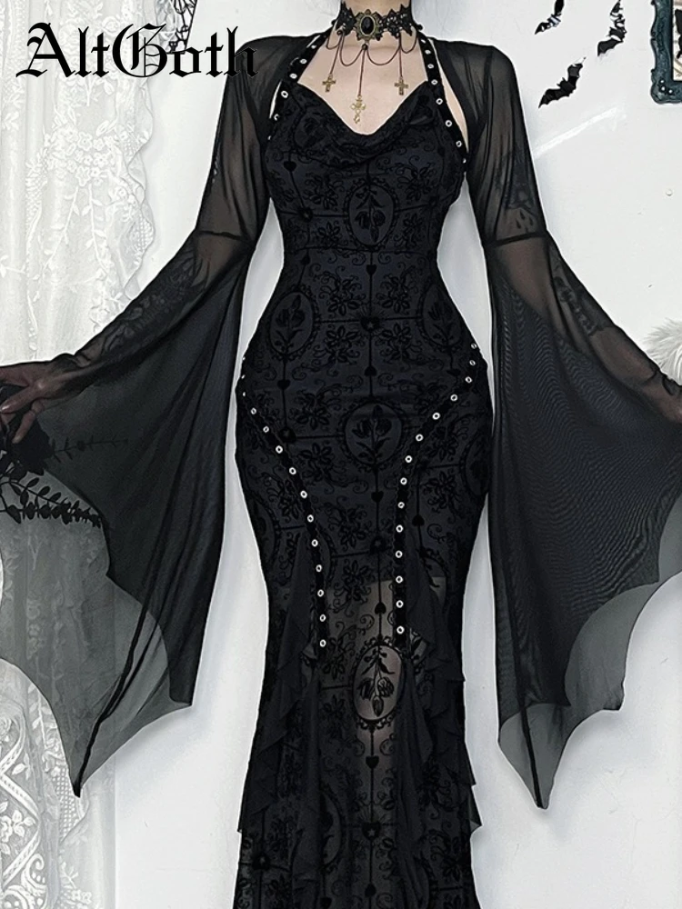 AltGoth Halloween Gothic Mesh Smock Women Vintage Streetwear Witch See Through Bat Sleeve Crop Blouse Sexy Cosplay Clothes Femme