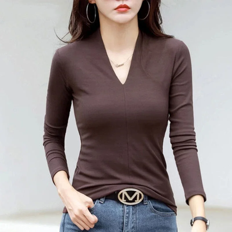 

Хлопковая осенне-зимняя новая тонкая футболка с v-образным вырезом и длинными рукавами, модный женский топ