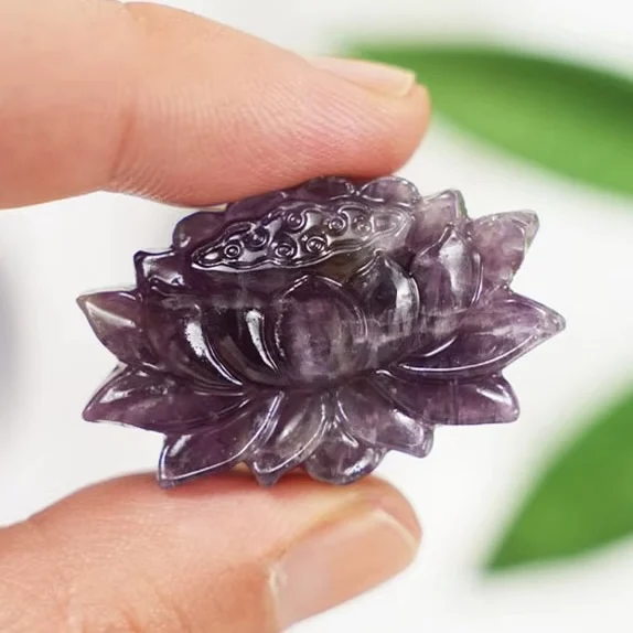 1 pièce de fleur de lotus sculptée en cristal d'améthyste naturel, artisanat en pierre énergétique, petite décoration d'intérieur, cadeau de vacances, accessoires de bijoux DIY