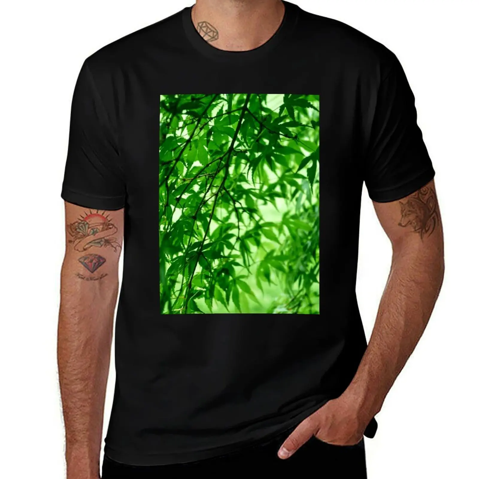 

Green Japanese Maple Leaves T-Shirt plain Man t-shirt Blouse men clothings