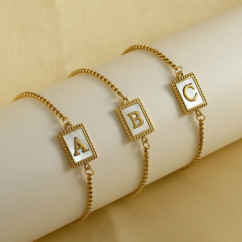

10Pcs Fashion Simple Stainless Steel Gold Plated Adjustable Shell Initial Letter Charms Bracelets for Women