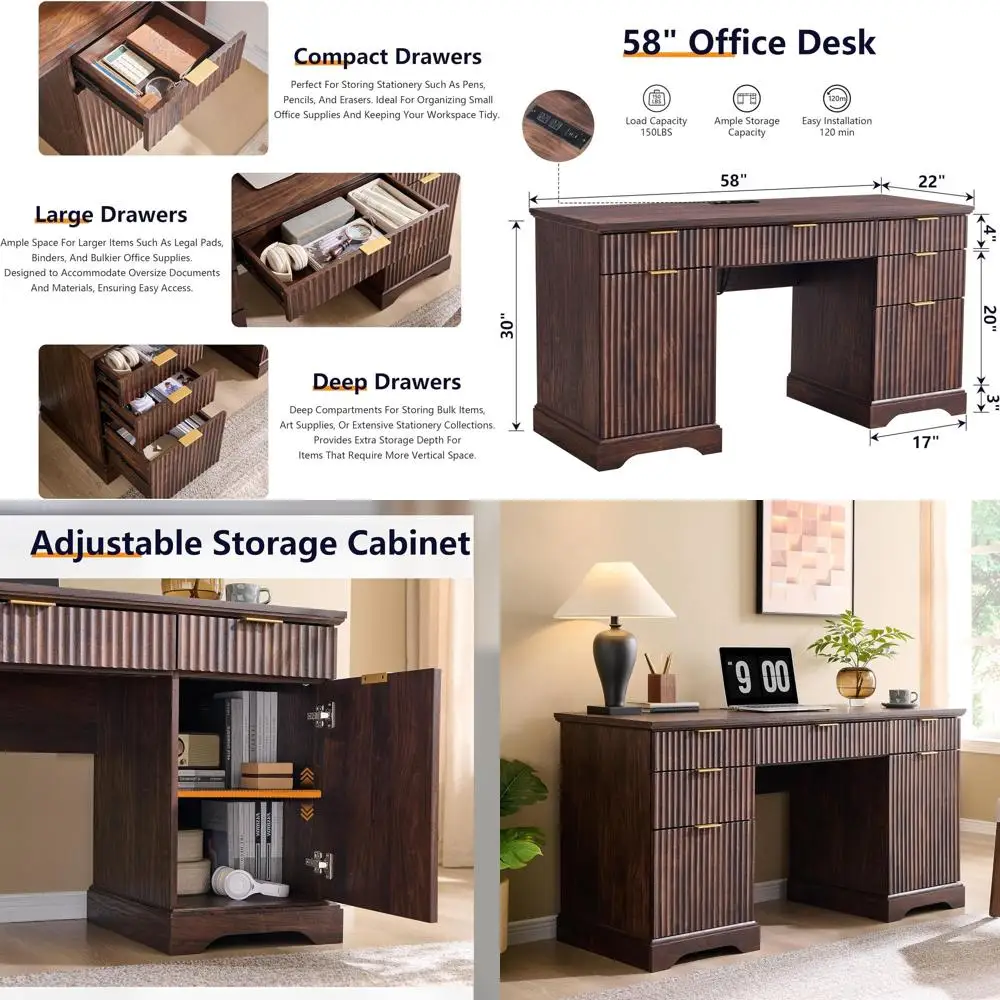 

Письменный стол Executive 58 из орехового дерева с местом для хранения, 5 ящиков и 1 шкаф, идеально подходит для домашнего офиса, кабинета, гостиной или спальни