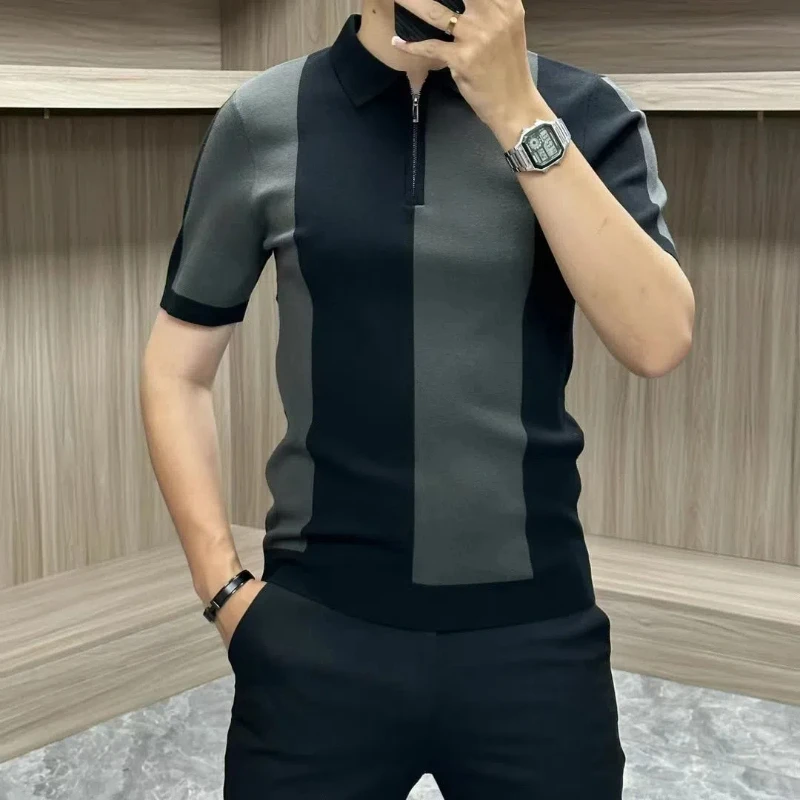 Men's High-end Short-sleeved Ice Silk Sweater Fashionable Light Luxury Business Casual Comfortable Versatile Polo Shirt