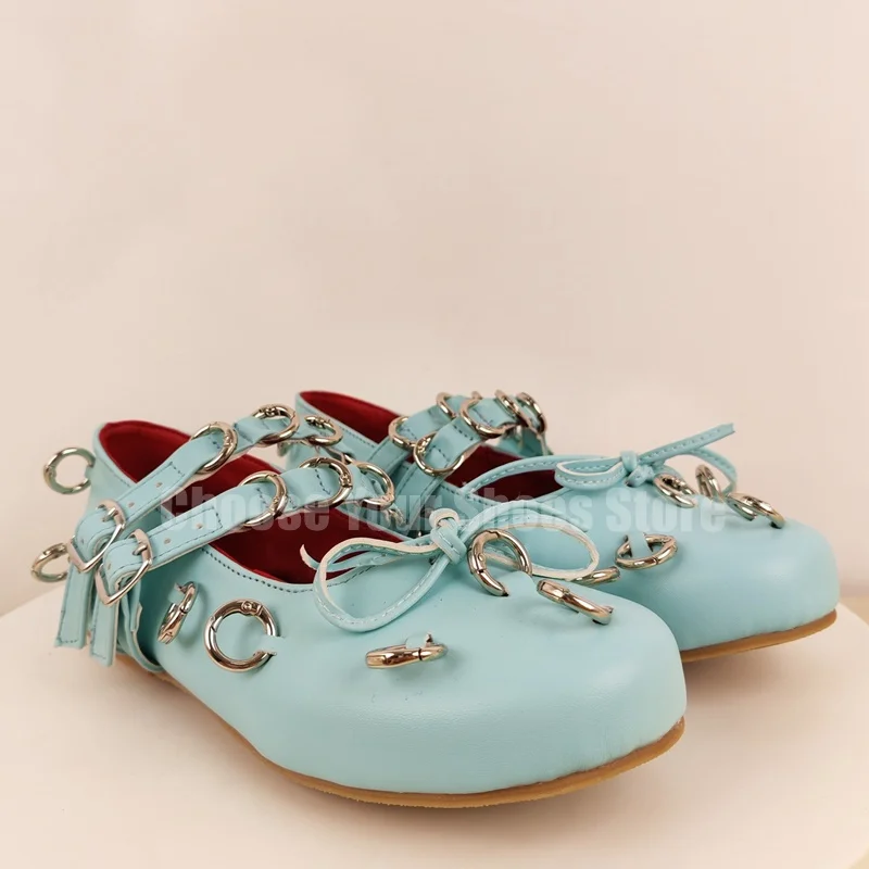 

Metal Circle Design Sky Blue Round Toe Pumps Buckle Strap Women Shoes Low Top New Fashion Party Banquet 2025 Zapatos Para Mujere