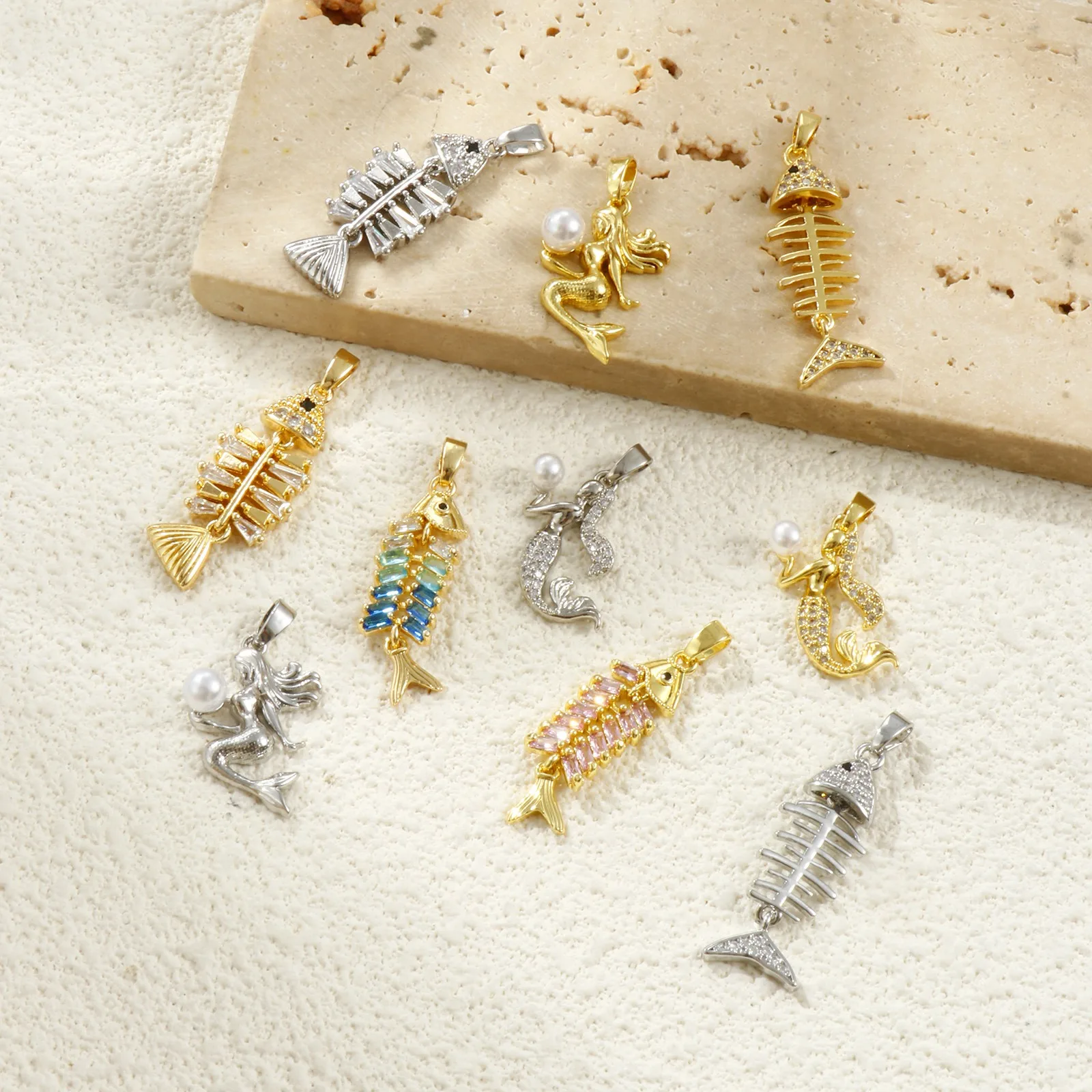 2pcs Brass Charms Gold Color Mermaid Fish Bone Micro Pave Black Rhinestone Pendants For Women DIY Necklace Jewelry Findings Gift view 4