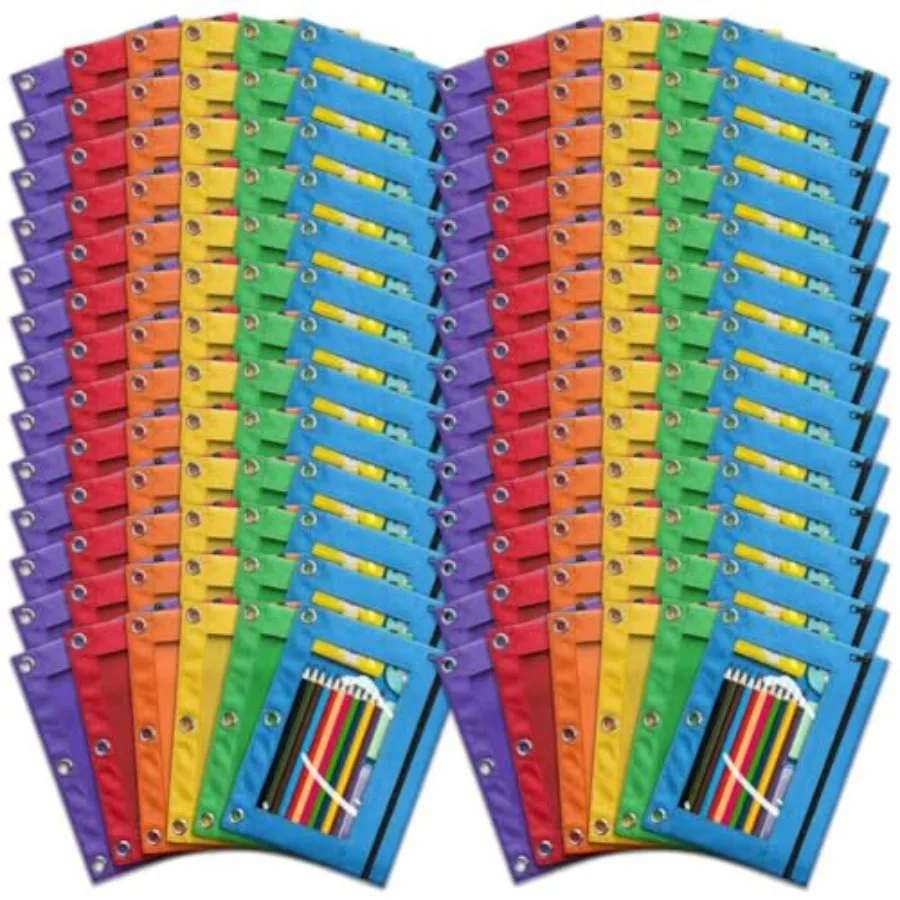 

02 Packs Pencil Pouch for 3 Ring Binder, Bulk 3-Holes Zipper Pencil Pouches in Assorted Colors, Sturdy and Durable Cloth Pencil